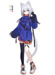  1girl :o animal_ears bad_link bangs black_legwear blue_coat blush cat_ears cat_tail chorefuji coat color_guide commentary_request eyebrows_visible_through_hair full_body highres long_hair long_sleeves looking_at_viewer orange_eyes original shoes single_thighhigh sleeves_past_wrists sneakers solo standing tail thigh-highs white_footwear white_hair 