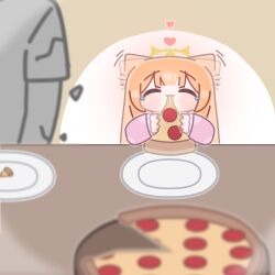  1girl absurdres afterimage animal_ears blue_archive blunt_bangs blurry blush brown_background chibi closed_mouth eating food halo heart highres holding holding_food horuhara long_hair long_sleeves mari_(blue_archive) motion_blur no_nose orange_hair pajamas pepperoni pepperoni_pizza pink_pajamas pizza plate shirt short_sleeves sleeves_past_wrists upper_body yellow_halo 
