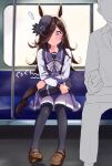  1boy 1girl animal_ears bag black_hair commentary_request ground_vehicle hair_between_eyes highres horse_ears horse_tail rice_shower_(umamusume) school_bag school_uniform sitting solo_focus stomach_growling tail thigh-highs tiara_(871220) tracen_school_uniform train train_interior umamusume uniform 