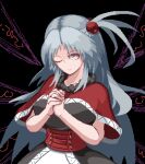  1girl bangs black_background capelet closed_mouth grey_eyes grey_hair long_hair looking_at_viewer multiple_wings nukekip one_eye_closed one_side_up own_hands_clasped own_hands_together pixel_art red_capelet shinki_(touhou) simple_background solo touhou touhou_(pc-98) upper_body wings 
