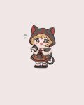  1girl animal_hands animal_hood bangs black_dress blonde_hair blush_stickers brown_background capelet cat_paws cat_tail chibi djeeta_(granblue_fantasy) dress eno_(preno_gb) flying_teardrops gloves granblue_fantasy hand_up highres hood looking_at_viewer nekomancer_(granblue_fantasy) open_mouth paw_gloves paw_shoes short_hair simple_background solo standing tail tearing_up watery_eyes yellow_eyes 