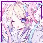  1girl ;d blonde_hair blue_bow blue_eyes blue_hair bow chinese_commentary chouzetsusaikawa_tenshi-chan gradient_hair hair_bow heitianchaiquan long_sleeves lowres multicolored_hair multiple_hair_bows needy_girl_overdose one_eye_closed open_mouth pink_bow pink_hair polka_dot polka_dot_background portrait purple_bow purple_hair quad_tails sailor_collar sailor_shirt shirt smile solo star_(symbol) white_sailor_collar white_shirt 