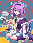  @_@ absurdres ahoge animal_ears cat_ears cat_girl cat_tail chun_1234567 collar hairband highres hololive kneehighs nekomata_okayu off_shoulder onigirya_(nekomata_okayu) parted_lips purple_hair purple_legwear school_uniform serafuku short_hair shorts sitting tail test_tube violet_eyes virtual_youtuber wariza 