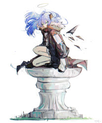  1girl absurdres aqua_eyes arknights bare_legs black_hair black_jacket black_wings blue_hair commentary dated energy_wings english_commentary floating_hair from_side full_body fur-trimmed_hood fur_trim hair_between_eyes halo highres hood hooded_jacket jacket light_smile long_hair long_sleeves looking_at_viewer mostima_(arknights) on_one_knee pppmepl sidelocks signature simple_background solo stone_pillar traditional_halo white_background wings 