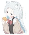 1girl animal_ear_fluff animal_ears black_eyes blush bow bright_pupils closed_mouth eating food fruit grey_background grey_hair holding holding_food holding_fruit long_hair looking_at_viewer orange_(fruit) original red_bow sanma_(tabet_) simple_background sketch solo white_pupils 