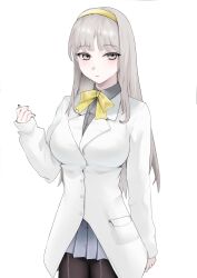  1girl absurdres black_pantyhose breasts cowboy_shot digimon digimon_story:_time_stranger grey_eyes grey_hair grey_shirt highres jacket large_breasts long_hair mianbaoren miniskirt misono_inori pantyhose pleated_skirt shirt simple_background skirt solo white_background white_jacket 