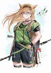  1girl absurdres animal_ears arknights backpack bag bagpipe_(arknights) black_collar black_legwear black_shorts blonde_hair brown_bag cameo casual character_name charm_(object) clothes_writing collar cowboy_shot cropped_legs green_eyes green_hairband green_shirt hairband hand_in_pocket highres holding holding_stick horn_(arknights) jewelry long_hair necklace shirt shorts simple_background solo stick sunglasses t-shirt tail thigh-highs white_background wind wireless_earphones wolf_ears wolf_girl wolf_tail zuo_daoxing 