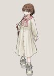  1girl azumaya_toushirou bag bangs bob_cut brown_bag brown_eyes brown_hair collarbone commentary_request dress grey_background highres long_dress long_sleeves original pink_scarf scarf shoes shoulder_bag simple_background sleeves_past_wrists smile sneakers socks solo sundress white_dress white_footwear 