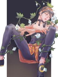 1boy black_hair black_pants closed_eyes crossed_arms flower flower_request full_body hairband highres jojo_no_kimyou_na_bouken male_focus narancia_ghirga open_mouth orange_hairband orange_skirt overskirt pants pants_under_skirt plant sayoo_wang short_hair sitting skirt sleeping solo vento_aureo wristband 
