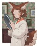  1girl animal_ear_fluff animal_ears blush bolero_(bo_le_ro66) border closed_mouth green_eyes green_nails highres holding holding_plate indoors mole mole_under_eye nail_polish original patterned picture_frame plate short_hair smile solo tail white_border 