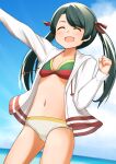  1girl alternate_breast_size arm_up beach bikini black_hair blue_sky breasts closed_eyes clouds commentary_request cowboy_shot day highres horizon jacket kantai_collection long_hair mikuma_(kancolle) mismatched_bikini open_mouth outdoors sky small_breasts smile solo standing swimsuit twintails white_jacket yotubawatane 