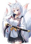  1girl absurdres animal_ear_fluff animal_ears blue_eyes closed_mouth fox_ears fox_girl fox_tail hair_between_eyes hair_over_shoulder heterochromia highres holding holding_weapon japanese_clothes kimono kitsune multiple_tails original red_eyes rynzfrancis smile tail weapon white_hair 