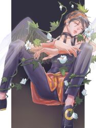  1boy angel_wings black_hair black_pants closed_eyes crossed_arms flower flower_request full_body hairband highres jojo_no_kimyou_na_bouken male_focus narancia_ghirga open_mouth orange_hairband orange_skirt overskirt pants pants_under_skirt plant sayoo_wang short_hair sitting skirt sleeping solo transparent_wings variant_set vento_aureo wings wristband 
