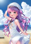  1girl :d absurdres arm_up bare_arms bare_shoulders beret blue_sailor_collar blue_sky clouds cloudy_sky collarbone commentary_request day dress grey_eyes hat highres horizon katou_umi long_hair meito_(maze) neck_ribbon ocean outdoors pink_hair ribbon sailor_collar sailor_dress sky sleeveless sleeveless_dress smile solo summer_pockets two_side_up very_long_hair water white_dress white_headwear yellow_ribbon 