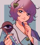  1girl :3 blouse blue_shirt bright_pupils buttons closed_mouth eyebrows_behind_hair finger_to_own_chin fingernails hair_ornament hairband hands_up heart heart_button heart_hair_ornament komeiji_satori konoha217 looking_at_viewer messy_hair nail_polish portrait purple_hair purple_nails red_eyes red_hairband shirt short_hair simple_background solo third_eye touhou white_pupils 