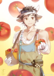  1boy absurdres animal_ears apron arknights brown_apron chinese_commentary commentary_request cow_boy cow_ears cow_horns food food_in_mouth fruit highres holding holding_food holding_fruit horns looking_at_viewer male_focus muscular muscular_male pectorals shirt single_sleeve tomato visor_cap wan_qing_(arknights) wan_qing_(tons_of_sunshine)_(arknights) watermark weibo_watermark white_shirt yan_tou_bu_xi_yan 