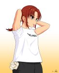  1girl absurdres commentary earrings highres jewelry original ponytail redhead shirt solo t-shirt tomboy tying_hair yellow_eyes 