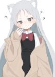  1girl ? @_@ animal_ear_fluff animal_ears blush bow closed_mouth confused grey_eyes grey_hair highres long_hair original red_bow sanma_(tabet_) sleeves_past_wrists solo sweat sweatdrop 