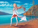  1girl armor asuna_(sao) beach blue_sky boots braid branch breastplate brown_eyes brown_hair clouds cloudy_sky commentary commission cross day detached_sleeves english_commentary french_braid hayden_mackenzie highres hill lake long_hair looking_at_viewer ocean outdoors red_skirt shadow sidelocks skirt sky solo sword_art_online thigh-highs thigh_boots thighs tree very_long_hair water white_legwear zettai_ryouiki 