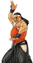  1boy armor black_hair black_pants breastplate capcom_vs_snk_2 dougi fighting_stance game_cg gloves headband highres long_hair male_focus nishimura_kinu non-web_source official_art pants ryuuko_no_ken snk solo toudou_ryuuhaku 