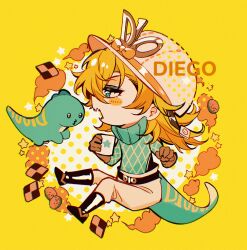  1boy argyle_clothes argyle_sweater belt black_belt black_boots blonde_hair blush boots brown_gloves cabbage-2012 character_name chibi chibi_only chromatic_aberration clouds collared_sweater cup diego_brando dinosaur dinosaur_tail film_grain from_side full_body gloves green_eyes green_sweater hair_between_eyes halftone hat highres holding holding_cup invisible_chair jojo_no_kimyou_na_bouken male_focus messy_hair open_mouth pants sidelocks sitting solo star_(symbol) steel_ball_run sweater tail yellow_background yellow_theme 