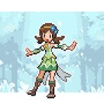  1girl :d bare_shoulders blue_flower brown_footwear dovekyle dress flower green_dress hair_ornament happy lyra_(pokemon) official_alternate_costume outstretched_arms pixel_art pokemon pokemon_(game) pokemon_masters_ex retro_artstyle sandals smile twintails 