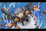  1girl absurdres apex_legends armor bodysuit breastplate brown_eyes controller eyebrows_visible_through_hair firing flying from_above gloves grey_hair highres jetpack joystick letterboxed missile missile_pod orange_bodysuit orange_gloves rin60527617 sky smile smoke solo valkyrie_(apex_legends) 
