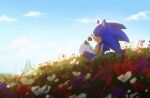  1boy blue_fur closed_eyes clouds day field flower flower_field gloves grass highres male_focus pointy_nose relaxed sitting sky smelling smile solo sonic_(series) sonic_frontiers sonic_the_hedgehog spacecolonie 
