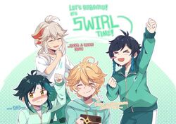  &gt;_&lt; 4boys aether_(genshin_impact) antenna_hair aqua_hair artist_request blonde_hair blue_hair braid closed_eyes genshin_impact green_hair green_pants grey_hair hood hoodie jacket kaedehara_kazuha long_hair long_sleeves multicolored_hair multiple_boys open_mouth pants redhead shirt streaked_hair t-shirt twin_braids venti_(genshin_impact) white_shirt xiao_(genshin_impact) 