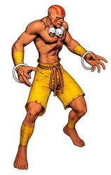  1boy absurdres bald barefoot bindi capcom capcom_vs_snk_2 dark_skin dhalsim earrings facepaint fighting_stance frown game_cg highres jewelry leg_wrap male_focus mori_toshiaki necklace no_pupils non-web_source official_art rope_belt skull_necklace smile solo street_fighter third-party_source v-shaped_eyebrows veins veiny_arms white_background wrist_wrap 