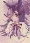  1girl animal_ears black_hair bow bowtie brooch eyes_visible_through_hair gloves hair_over_one_eye highres horse_ears horse_girl jewelry kokemozuku large_bow long_hair looking_to_the_side own_hands_together parted_lips puffy_short_sleeves puffy_sleeves purple_theme rice_shower_(umamusume) shirt short_sleeves sketch solo steepled_fingers symbol-only_commentary umamusume upper_body violet_eyes white_shirt 