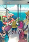  bag blue_sky child clouds commentary_request day eyewear_on_head female_child from_above from_behind fujiwara_yoshito highres horizon lake looking_down male_child multiple_boys multiple_girls original outdoors scenery school_bag sky water 