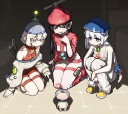  +_+ 1boy 3girls absurdres black_eyes black_hair blue_hat blush boots breasts closed_mouth gem glowing hat helmet hey!_pikmin highres hocotate_freight_steam_ship hufy leotard long_hair long_sleeves medium_breasts multiple_girls olimar open_mouth personification pikmin_(series) pikmin_1 pikmin_2 pointy_ears propeller_hat red_hat s.s._dolphin s.s._dolphin_ii short_hair sitting size_difference small_breasts space_helmet spacesuit squatting sweat thigh_strap violet_eyes white_hair 
