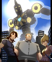  1girl 2boys absurdres ace_(imajination16) armor artist_name black_eyes black_hair blonde_hair breasts brown_hair collared_shirt copyright_name dress glasses green_eyes highres ilana_(sym-bionic_titan) lance_(sym-bionic_titan) long_hair long_sleeves looking_at_viewer mecha medium_breasts medium_hair messy_hair multiple_boys octus_(sym-bionic_titan) purple_shirt robot science_fiction scowl shaved_head shirt short_hair signature spiky_hair staring super_robot sym-bionic_titan sym-bionic_titan_(mecha) t-shirt white_shirt 