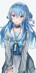  1girl blue_eyes blue_hair blush choker collarbone eyebrows_visible_through_hair gakuon_(gakuto) grey_shirt hair_between_eyes hair_ornament highres hololive hoshimachi_suisei long_hair open_mouth ribbon shirt solo star_(symbol) symbol_in_eye tagme virtual_youtuber worried 