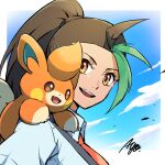  1girl :d ayo_(ayosanri009) border brown_eyes brown_hair clouds collared_shirt commentary_request day eyelashes long_hair multicolored_hair necktie nemona_(pokemon) on_shoulder open_mouth orange_necktie outdoors pawmi pokemon pokemon_(creature) pokemon_(game) pokemon_on_shoulder pokemon_sv ponytail shirt signature sky smile streaked_hair teeth tongue upper_teeth white_border white_shirt 