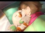  1girl bird brown_hair closed_eyes commentary_request eyelashes from_above gloria_(pokemon) indoors lying on_side owl parted_lips pillow pokemon pokemon_(creature) pokemon_(game) pokemon_swsh rowlet short_hair sleeping under_covers wooden_floor yamana0309y 