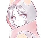  1girl animal_hood apex_legends black_hair blue_eyes cat_hood eyebrows_visible_through_hair from_side hellcat_wraith hood hood_up iroha_(mimi0618xx) looking_at_viewer nose_piercing official_alternate_costume parted_lips piercing red_scarf scarf sketch solo white_background wraith_(apex_legends) 