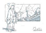  1boy 2020 animal_ears bag bolero_(bo_le_ro66) chinese_zodiac closed_mouth clouds coat fake_animal_ears greyscale hat holding holding_bag male_focus monochrome mountain open_clothes open_coat original shoes shorts sketch sneakers solo standing tail utility_pole year_of_the_rat 