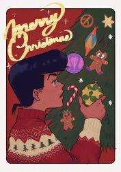  absurdres black_border black_hair blue_eyes border candy candy_cane christmas christmas_sweater christmas_tree decorating_christmas_tree english_text film_grain food from_side gingerbread_man higashikata_josuke highres hirose_koichi holding_ornament jojo_no_kimyou_na_bouken male_focus merry_christmas nijimura_okuyasu parted_lips peace_symbol pompadour red_background red_sweater short_hair solo_focus sweater t_0nd white_border 