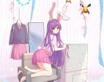  1girl absurdres animal_ears bare_legs barefoot bell black_jacket blazer buttons chain closed_mouth collared_shirt commentary_request crescent crescent_pin diving_penguin highres jacket light_purple_hair long_hair long_sleeves midriff_peek miniskirt mirror moon_rabbit necktie pink_skirt pleated_skirt rabbit_ears rabbit_girl rabbit_print rabbit_tail red_necktie reisen_udongein_inaba shirt short_sleeves skirt smile tail touhou very_long_hair violet_eyes white_shirt 