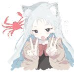  1girl animal animal_ear_fluff animal_ears blush bow bright_pupils crab double_v fang grey_background grey_eyes grey_hair long_hair open_mouth original red_bow sanma_(tabet_) simple_background sketch upper_body v white_pupils 
