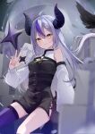  1girl ahoge ascot asymmetrical_hair black_dress blurry blurry_foreground blush braid breasts closed_mouth commentary demon_horns detached_sleeves dress eyebrows_visible_through_hair feet_out_of_frame french_braid grey_hair hair_between_eyes highres hololive horns la+_darknesss long_hair looking_at_viewer motoi_(croa76) multicolored_hair o-ring open_hand purple_hair purple_legwear short_dress side_slit single_braid single_thighhigh sitting sleeveless sleeveless_dress small_breasts smile solo strap streaked_hair striped_horns thigh-highs two-tone_hair virtual_youtuber yellow_ascot yellow_eyes 
