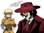  1boy 1girl alucard_(hellsing) ascot black_hair black_vest blonde_hair blue_eyes breasts brown_coat coat english_text hellsing highres it&#039;s_morbin&#039;_time_(meme) large_breasts looking_at_another marvel meme morbius_(film) open_mouth red_ascot red_coat red_headwear round_eyewear seras_victoria sharp_teeth shirt short_hair short_sleeves simple_background smile teeth tina_fate upper_body vampire vest white_background white_shirt 