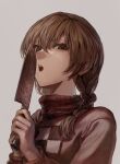  1girl absurdres braid brown_eyes brown_hair grey_background highres holding holding_knife knife kokemozuku long_hair looking_at_viewer madotsuki open_mouth simple_background solo sweater symbol-only_commentary teeth twin_braids unusually_open_eyes upper_body upper_teeth yume_nikki 