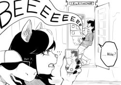  1girl 2boys catti_(deltarune) cellphone character_request corded_phone deltarune door english_text furry furry_female greyscale holding holding_phone jockington_(deltarune) leaning minominoks monochrome multicolored_hair multiple_boys nail_polish pants phone phone_booth round_eyewear shirt short_hair spamton_g._spamton standing streaked_hair sunglasses taking_picture 