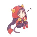  1girl animal_hat apex_legends bangs black_hair black_pants black_scarf cat_hat cat_tail chibi closed_eyes hat hellcat_wraith iroha_(mimi0618xx) jacket official_alternate_costume open_mouth pants red_jacket scarf sleeping solo tail white_background wraith_(apex_legends) zzz 