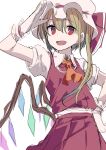  1girl absurdres blonde_hair crystal eyebrows_visible_through_hair flandre_scarlet gloves hat highres looking_at_viewer mob_cap open_mouth red_eyes ribbon salute short_hair side_ponytail simple_background skirt smile solo tetuw touhou wings 