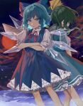  2girls absurdres aqua_dress back-to-back bangs blue_bow blue_dress blue_eyes blue_hair bow cirno clouds commentary_request crossed_arms daiyousei dress fairy_wings feet_out_of_frame from_behind green_hair hair_bow hair_ribbon highres ice ice_wings lake looking_at_viewer moon multiple_girls neck_ribbon one_side_up petticoat puffy_short_sleeves puffy_sleeves red_moon red_ribbon ribbon serious shirt short_hair short_sleeves touhou white_shirt wings yanfei_u yellow_ribbon 
