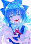  1girl absurdres arms_up bangs blue_bow blue_dress blue_eyes blue_hair blue_shirt blue_theme blush bow bowtie cirno collared_shirt commentary_request dress eyebrows_visible_through_hair hair_between_eyes hands_up highres ice ice_wings looking_at_viewer open_mouth puffy_short_sleeves puffy_sleeves red_bow red_bowtie rin_(rin7kan7) shirt short_hair short_sleeves simple_background smile solo standing teeth tongue touhou white_background wings 